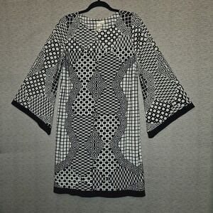 Emma & Michele Shift Dress Women's Large Black White Geometric Comfort Stretch
